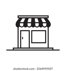 Clean and simple vector icon of a storefront with a striped awning, door, and window. Perfect for business branding, retail designs, and marketing materials.