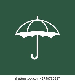 A clean and simple vector icon of a white open umbrella on a dark green background. A universal symbol for rain, weather, protection, and safety.
