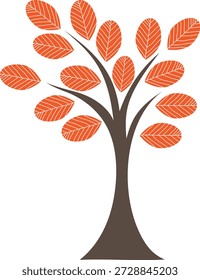 A clean and simple vector illustration of an autumn tree featuring a dark brown trunk and branches with vibrant orange-red leaves. This stylized fall graphic is ideal for seasonal designs, clip art, educational materials, and decorative projects representing the autumn season.