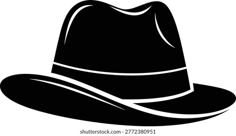 A clean and simple vector illustration of a classic black fedora hat. This stylish headwear icon represents vintage fashion, mystery, detectives, and timeless gentleman accessories.