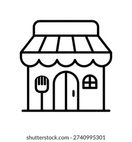 Clean and simple vector illustration of a food truck or small restaurant exterior featuring an awning, utensils, and a welcoming entrance, ideal for business, dining, and urban design projects.