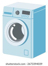 A clean and simple vector illustration of a modern, light blue front-loading washing machine. This graphic features a minimalist design with a clear control panel and a round door,