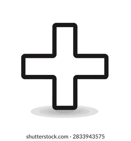 A clean and simple vector illustration of a plus sign or cross symbol with a thick black outline and a subtle gray drop shadow on a white background.