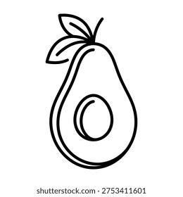 A clean and simple vector outline of a halved avocado featuring its central seed and small leaves, perfect for organic food branding, icons, or healthy lifestyle graphics.
