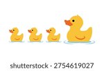 A clean, simple, vector-style illustration featuring a family of four yellow rubber ducks swimming in a line, isolated on a pure white background. The mother rubber duck is larger and positioned on the right, followed by three smaller, identical ducklings on the left. All four ducks are depicted in left-facing profile. The illustration is composed of flat, solid colors: the ducks are bright yellow, their beaks are orange, and each has a simple black dot for an eye. Minimalist, light blue ripple effects are depicted on the water beneath each duck, giving the impression of swimming. This charming and wholesome family concept illustration is perfect for nursery decor, children
