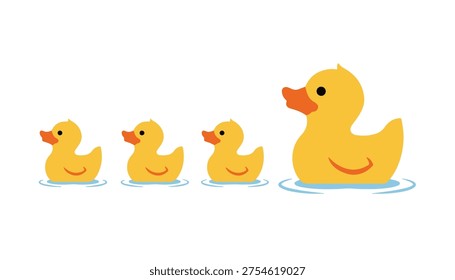 A clean, simple, vector-style illustration featuring a family of four yellow rubber ducks swimming in a line, isolated on a pure white background. The mother rubber duck is larger and positioned on the right, followed by three smaller, identical ducklings on the left. All four ducks are depicted in left-facing profile. The illustration is composed of flat, solid colors: the ducks are bright yellow, their beaks are orange, and each has a simple black dot for an eye. Minimalist, light blue ripple effects are depicted on the water beneath each duck, giving the impression of swimming. This charming and wholesome family concept illustration is perfect for nursery decor, children's bath-time products, baby-themed illustrations, counting and sequence concepts, and designs focusing on parenthood, growth, or guidance. The isolated vector format ensures versatility for editing and scaling.