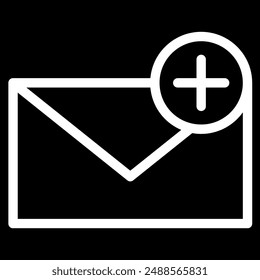 Clean and simple white envelope icon with a plus sign on a black background, representing new message or email. Ideal for apps, websites, and communication interfaces.