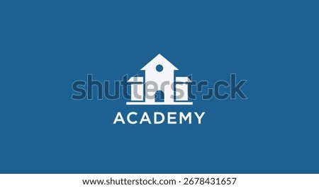 A clean and simple white silhouette logo of an academy building with the word 'ACADEMY' underneath, set against a solid blue background.