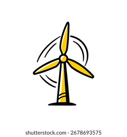 Clean and simple yellow wind turbine icon representing renewable energy and sustainability, perfect for web and print.