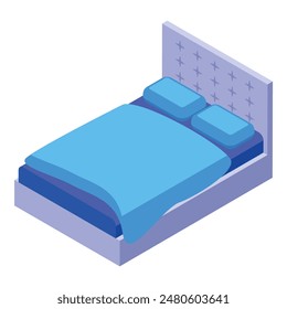 Clean and simplistic 3d isometric design of a contemporary bed with blue bedding