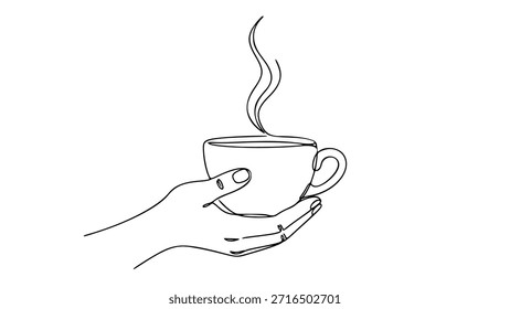 Eine saubere, einzeilige künstlerische Vektorgrafik einer menschlichen Hand, die eine dampfende heiße Tasse Kaffee oder Tee hält, perfekt für Café-Logos, minimalistische Poster und modernes Branding.