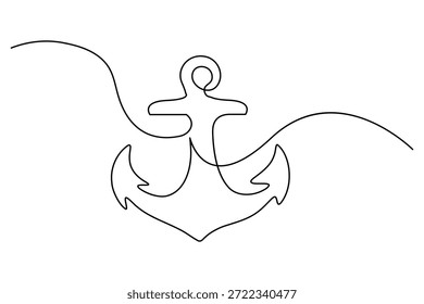 Ancla náutica de una sola línea limpia con anillo de bucle simple sobre fondo blanco, ideal para logotipos minimalistas, tatuajes marinos, marcas de marcas de navegación, impresiones de decoración náutica, Mercancía temática del océano y marca visual de estilo de vida costero