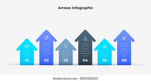 Um infográfico limpo de seis setas com tons azuis de gradiente, sombras sutis e ícones que transmitem crescimento, progresso e estratégia em um contexto de negócios moderno para apresentações e relatórios.