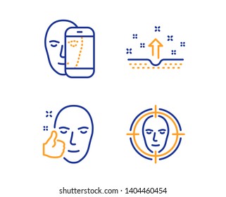 Clean skin, Face biometrics and Healthy face icons simple set. Cosmetics, Facial recognition, Healthy cosmetics. Select target. Medical set. Linear clean skin icon. Colorful design set. Vector