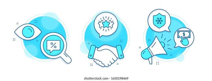 Clean skin, Star and Discount message line icons set. Handshake deal, research and promotion complex icons. Payment click sign. Cold protect, Customer feedback, Special offer. Vector