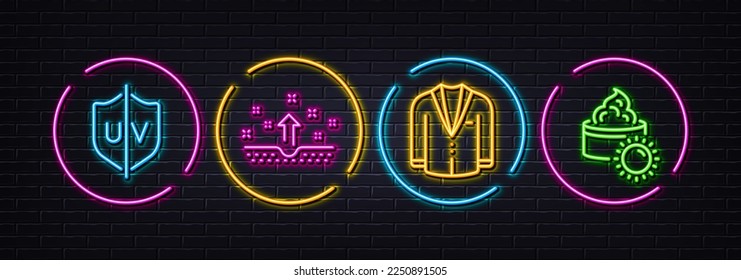 Clean skin, Suit and Uv protection minimal line icons. Neon laser 3d lights. Sun cream icons. For web, application, printing. Cosmetics, Business jacket, Ultraviolet. Face lotion. Vector