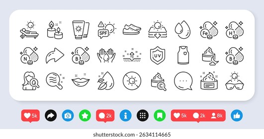 Clean skin, Vitamin h1 and Skin condition line icons pack. Social media: share, comment, like icons. T-shirt, Vitamin n, Sunscreen web icon. Spf protection, Uv protection, Sunglasses pictogram. Vector