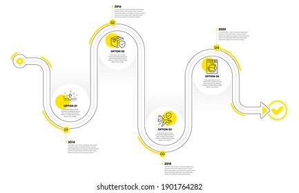 Juego de iconos de la línea de seguridad de la piel limpia, lavadora y de la línea de seguridad de vuelo. infografía del plan de la línea de tiempo. Signo de seguro de paquetería. Cosméticos, lavandería, cobertura completa. Atención de parto. Conjunto de negocios. Vector