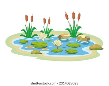 Clean small lake with blue water, water lilies, stones, reeds. Cartoon style isolated on white background