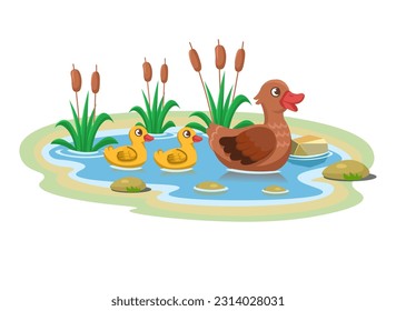 Clean small lake with blue water, duck with ducklings, water lilies, stones, reeds. Cartoon style isolated on white background