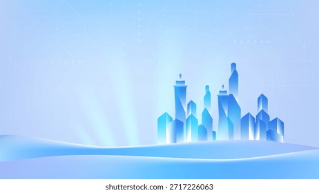 Fondo de tecnología de ciudad inteligente limpia con horizonte digital moderno, infraestructura abstracta, concepto urbano futurista, tono degradado azul, Ilustración vectorial mínima para presentación y diseño de negocios.