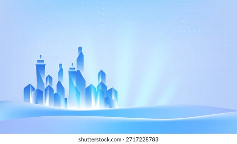 Fundo de tecnologia inteligente cidade limpa com horizonte digital moderno, infraestrutura abstrata, conceito urbano futurista, tom gradiente azul, ilustração vetorial mínima para apresentação e design de negócios.