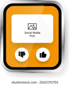 A clean smartwatch user interface showcasing a social media post preview with thumbs up and thumbs down reaction buttons on a vibrant orange background