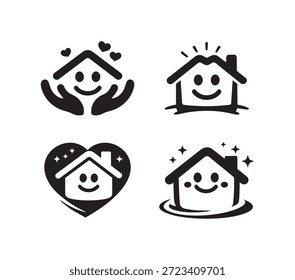 Conjunto de iconos de logotipo de casa sonriente limpia que simboliza el cuidado del hogar, el amor, la protección y los conceptos de refugio amigable.