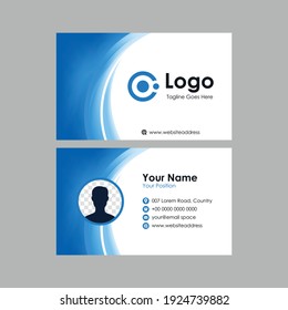 clean smooth business card with blue curvy mesh gradient background design, professional stylish name card with photo space template vector