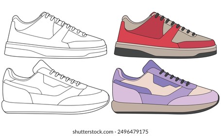 Conjunto de paquete de zapatillas de Vector zapatos para el entrenamiento, zapatillas de Ilustración vectorial de zapatos. Zapatillas a todo color.
