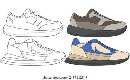 Clean sneakers outline vector illustration designed for ecommerce product listings, online store catalogs, footwear presentations, and editable design templates. Isolated line art shoes suitable for branding, fashion retail, product mockups, and commercial use.