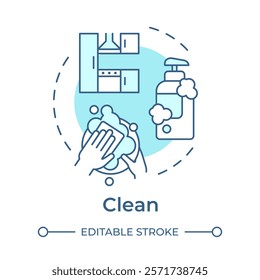 Clean soft blue concept icon. Tableware washing, hygiene. Cleaning tools, chemicals. Round shape line illustration. Abstract idea. Graphic design. Easy to use in infographic, presentation