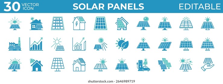 Clean solar panel icons for energy, eco, and power system design

