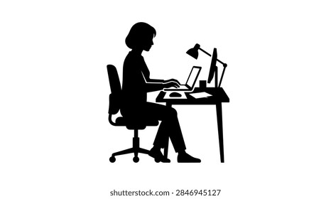 A clean, solid black silhouette featuring a female professional or student seated in an office chair. The figure is shown in profile, typing on a laptop computer at a desk equipped with a desk lamp, an external monitor, and office supplies. The entire composition is isolated on a plain white background, symbolizing productivity, remote employment, and modern workspace environments.