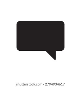 A clean, solid black speech bubble icon with a tail, set against a plain white background. The shape is simple and bold, with no shading or additional details, emphasizing a modern and minimalist desi.