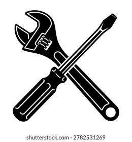 A clean and solid black vector illustration featuring a crossed adjustable crescent wrench and a flat-head screwdriver. Designed with crisp white internal accent lines, this classic industrial symbol represents maintenance, construction, and mechanical repair. Perfect for hardware store logos, automotive workshop branding, handyman services, technical manuals, and plumbing or engineering graphics.