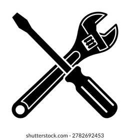 A clean and solid black vector illustration featuring a crossed flat-head screwdriver and an adjustable crescent wrench. Designed with crisp white internal accent lines, this classic industrial symbol represents maintenance, construction, and mechanical repair. Perfect for hardware store logos, automotive workshop branding, handyman services, technical manuals, and plumbing or engineering graphics.