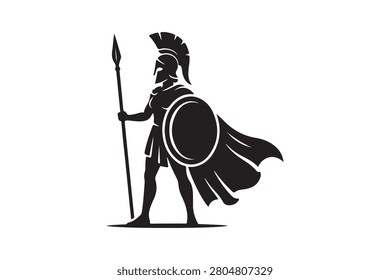 A clean, solid black vector silhouette graphic depicting a standing Spartan hoplite in profile. The warrior wears a traditional crested Corinthian helmet, a flowing cape, and carries a large round shield and a spear, all rendered in a high-contrast, isolated style against a white background.