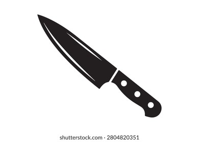 A clean, solid black vector silhouette of a chef's kitchen knife, featuring a classic riveted handle and curved blade, designed with a minimalist aesthetic and isolated on a white background.