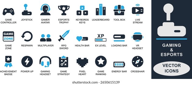 Limpar jogo sólido e e esportes ícone set. Apresentando joystick, controlador, troféu, placar de líder, headset, power-up, stream e avatar. Perfeito para IU, app, esportes e design de jogos.