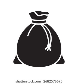 A clean, solid icon representing a drawstring bag, presented in isolation on a white background for versatile use.