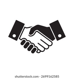 A clean, solid icon representing a handshake, symbolizing teamwork and partnership. The graphic is isolated on a white background for easy integration.