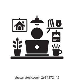 A clean, solid icon representing a work from home setup, presented isolated on a white background.