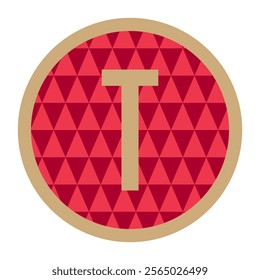 A clean and sophisticated vector featuring a gold letter T within a red circular design, highlighted by a sleek gold outer border. Ideal for logos, icons, or artistic themes.