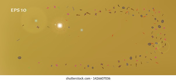 Clean space and signs confetti. Background mesh. Liquid colorific illustration. Ultra Wide background art inspire. Colorful breezy abstraction. Gold colored.