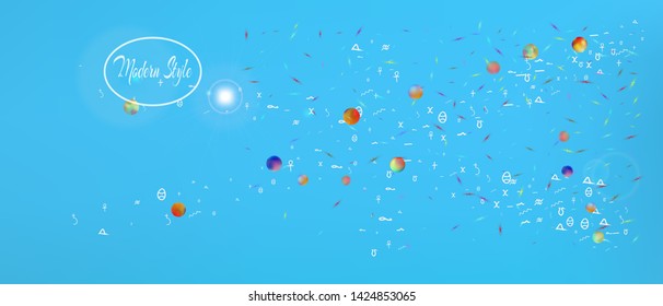 Clean space and signs confetti. Signs colorific illustration. Background modern. Abstract universe and signs Ultra Wide background illustration. Colorful cool abstraction. Blue main color.