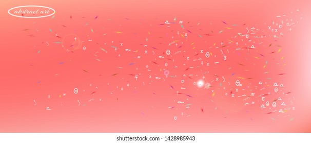 Clean space and signs confetti. Usefull colorific illustration. Background graphic. Abstract universe and signs Ultra Wide background illustration. Colorful fresh abstraction. Coral main color.
