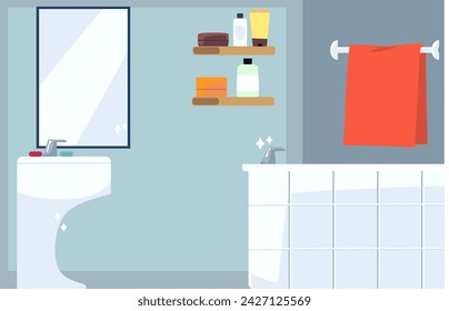 Clean sparkling bathroom flat style, vector illustration. Interior with sink and bath, mirror, shelves with tubes and hanging towel. Apartment household background