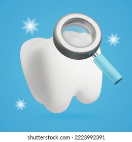 Clean sparkling tooth under a 3d magnifying glass. Cute vector illustration for children of dental hygiene.