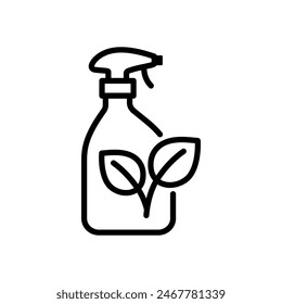 Limpiar la botella de spray con el icono de contorno de hojas. Símbolo de paquete biodegradable. Ilustración vectorial aislada 